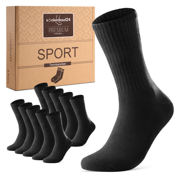 Produktbild mit plastikfreier Box, 10 schwarzen tennissocken und einer großen schwarzen Tennissocke