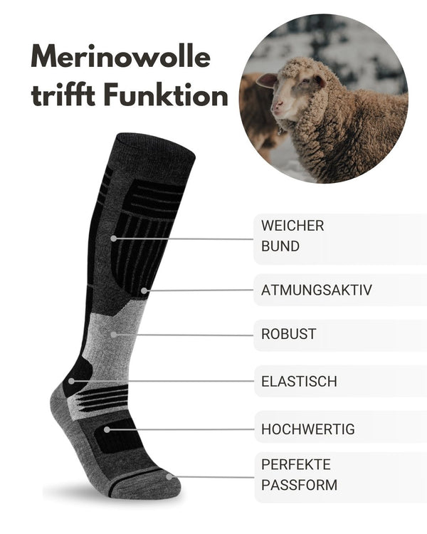 Herren Merino Skisocken 2 Paar Thermo Winter Kniestrümpfe mit Polsterung für Ski und Snowboard