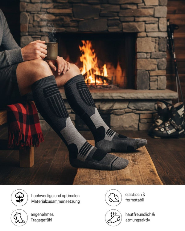 Herren Merino Skisocken 2 Paar Thermo Winter Kniestrümpfe mit Polsterung für Ski und Snowboard