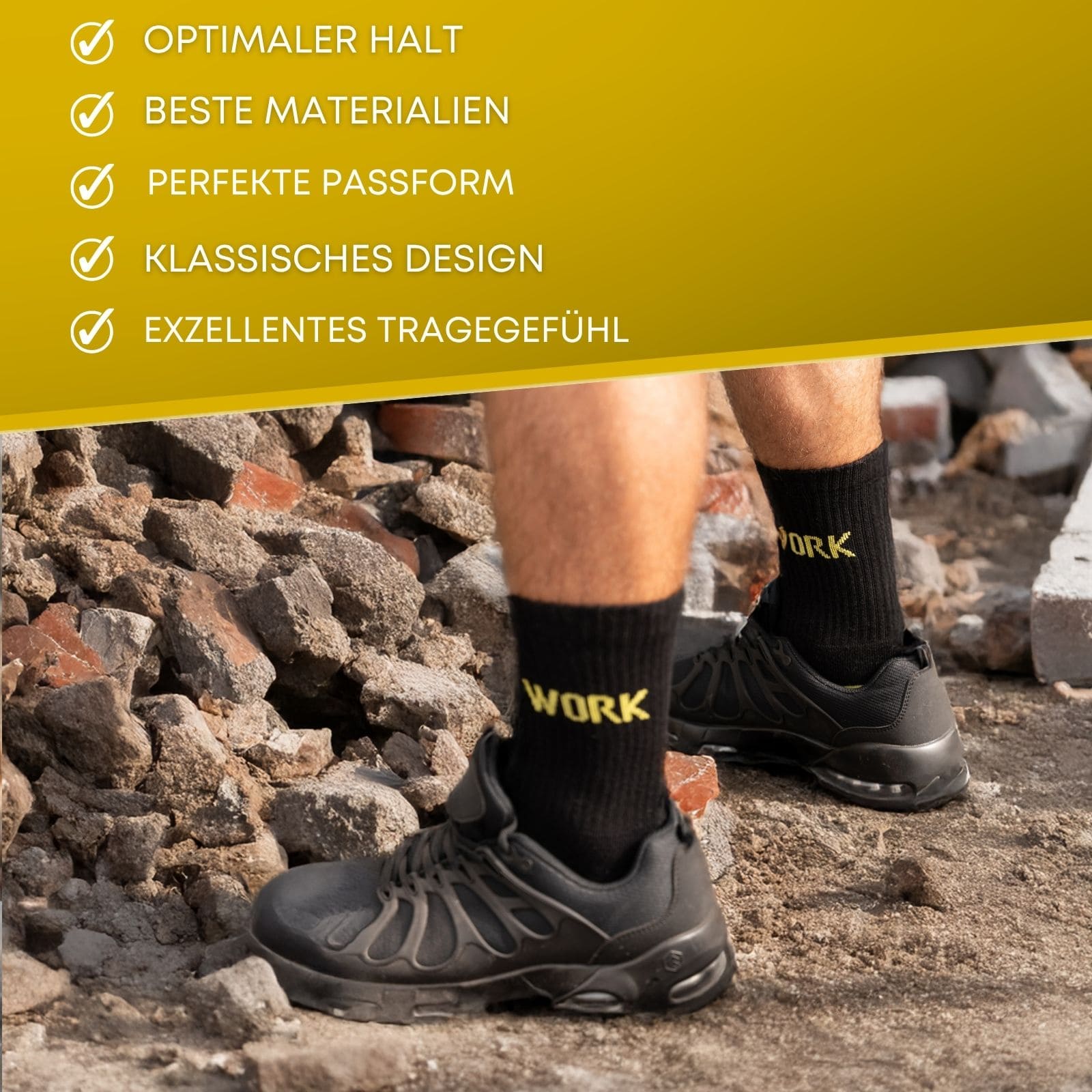 Mann steht vor Steinhaufen einer Baustelle mit Arbeitsschuhen und sockenkauf24 Arbeitssocken an. Text im Bild: optimaler Halt, beste Materialien, perfekte Passform, klassisches Design, exzellentes Tragegefühl.
