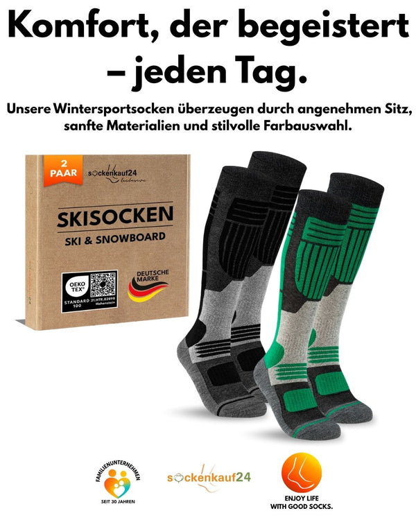 Herren Merino Skisocken 2 Paar Thermo Winter Kniestrümpfe mit Polsterung für Ski und Snowboard
