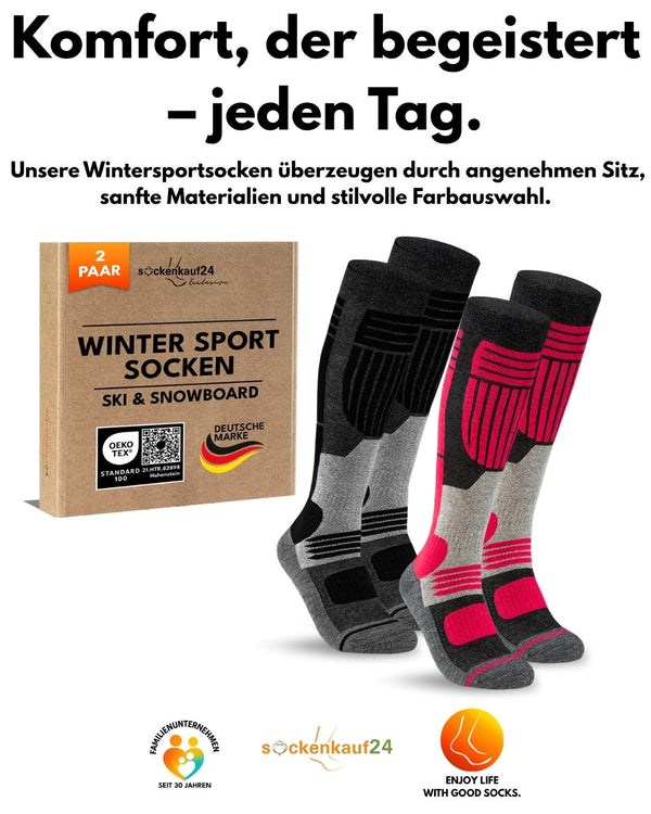 Damen Merino Skisocken 2 Paar Thermo Winter Kniestrümpfe mit Polsterung für Ski und Snowboard