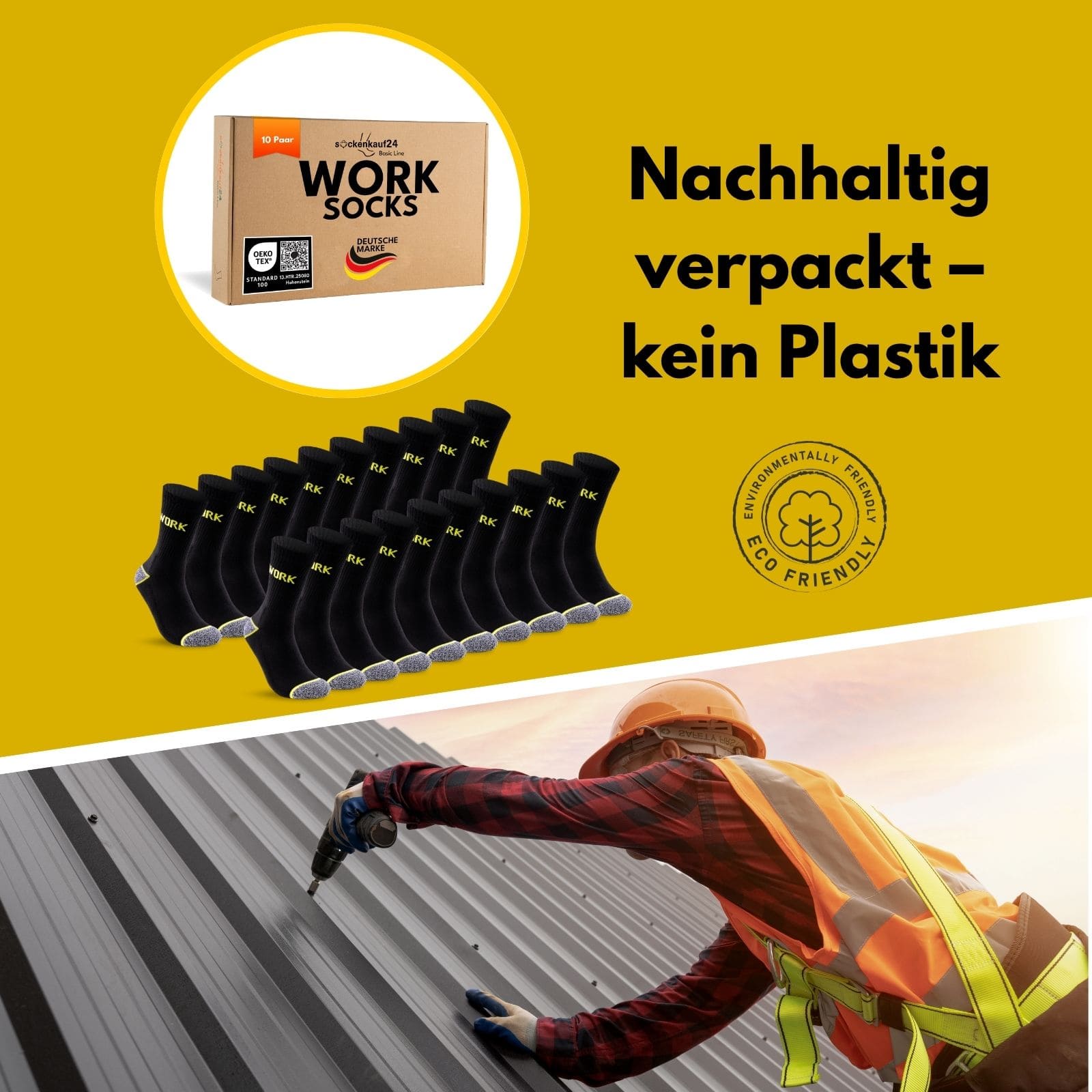 Dachdecker unten im Bild, darbüber gelber Hintergrund mit 10 Paar Arbeitssocken mit melierten Hacken und Fußspitzen. Nachhaltige Versandbox und Eco Friendly Siegel auch uaf dem gelben HIntergrund. Text im Bild: Nachhaltig verpackt – kein Plastik.