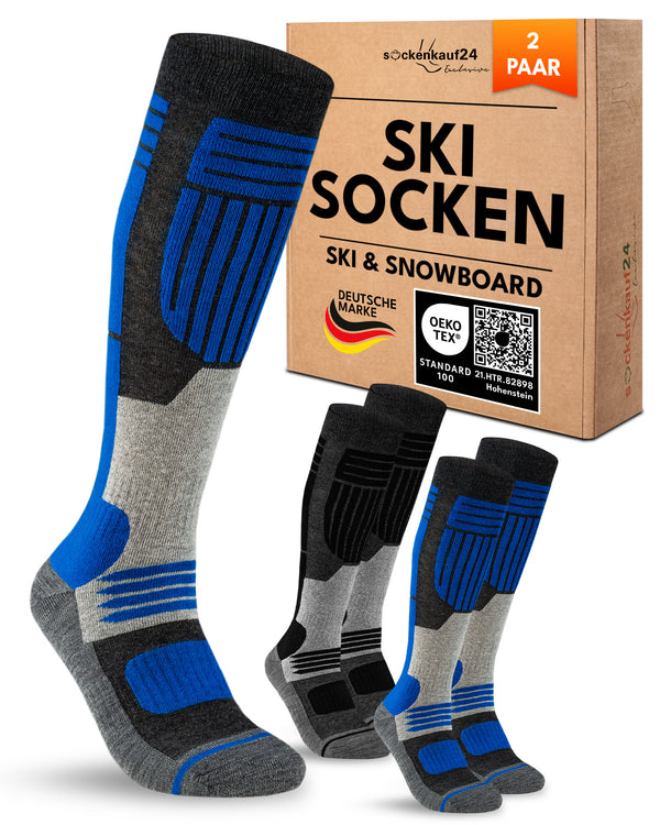 Herren Merino Skisocken 2 Paar Thermo Winter Kniestrümpfe mit Polsterung für Ski und Snowboard