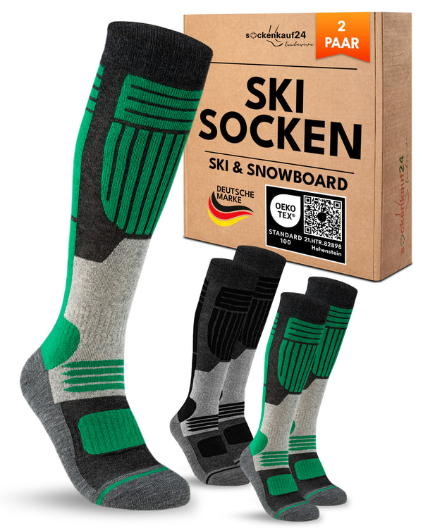 Herren Merino Skisocken 2 Paar Thermo Winter Kniestrümpfe mit Polsterung für Ski und Snowboard