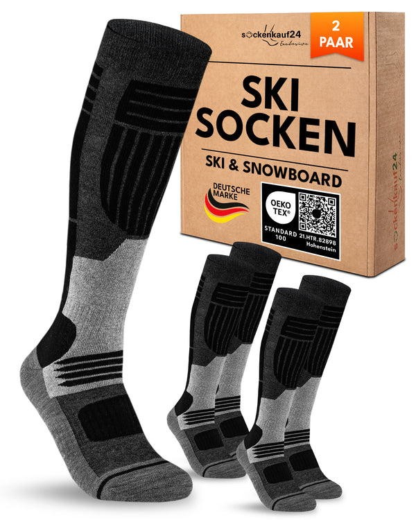 Herren Merino Skisocken 2 Paar Thermo Winter Kniestrümpfe mit Polsterung für Ski und Snowboard