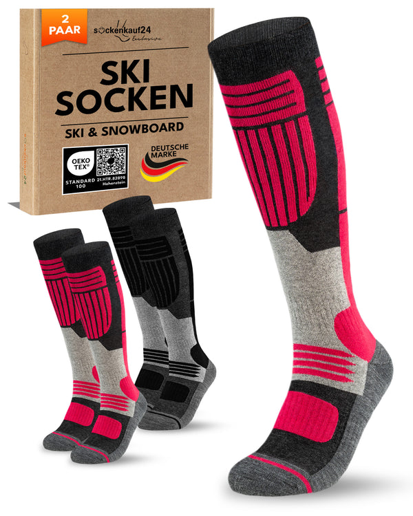 Damen Merino Skisocken 2 Paar Thermo Winter Kniestrümpfe mit Polsterung für Ski und Snowboard