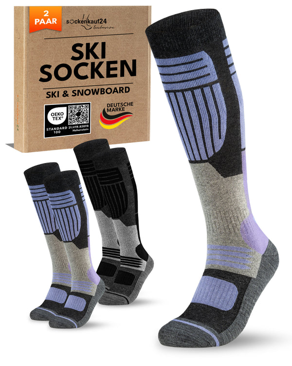 Damen Merino Skisocken 2 Paar Thermo Winter Kniestrümpfe mit Polsterung für Ski und Snowboard