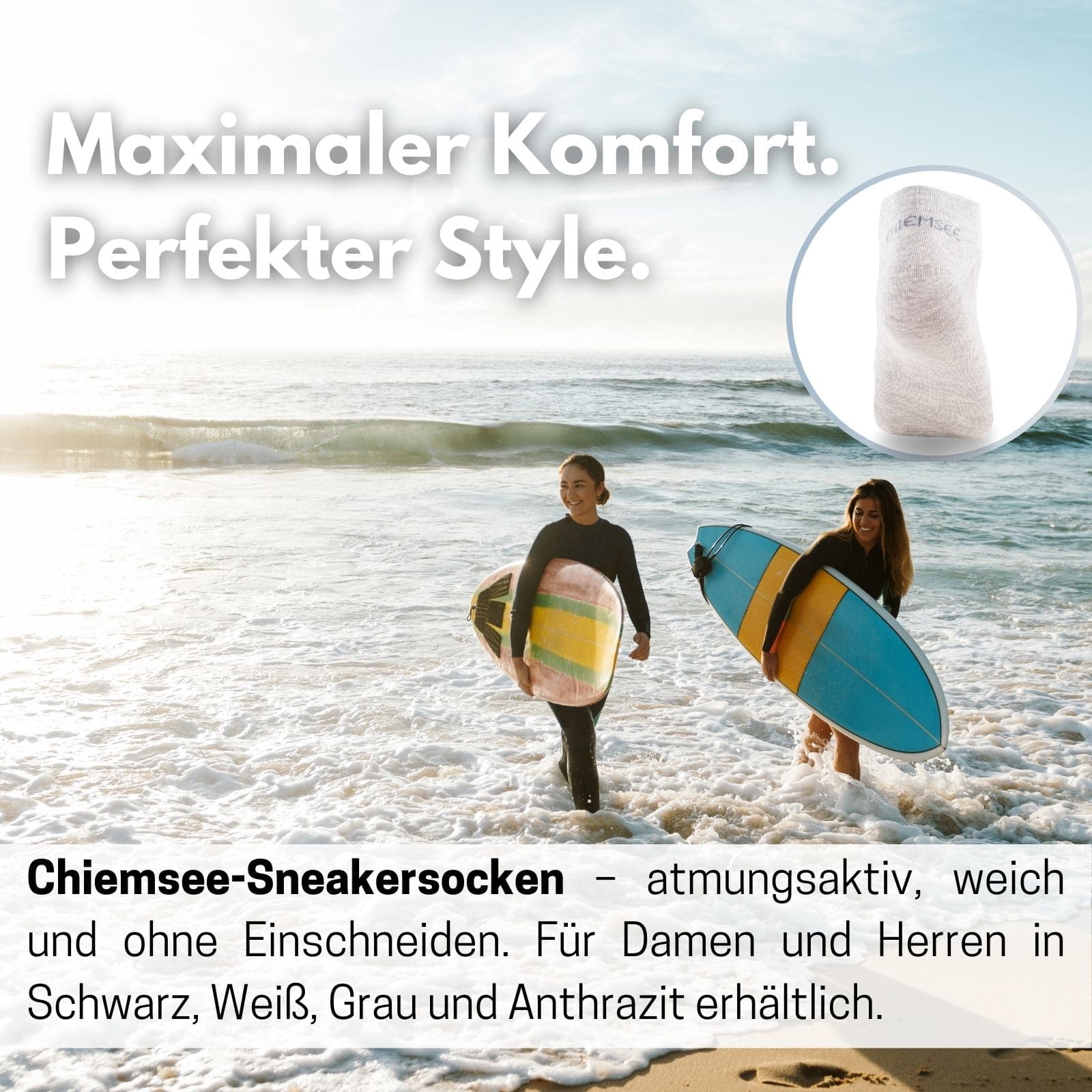 Ein Bild mit zwei Surferinnen, die gerade aus dem Meer kommen, drunter steht Text und oben links. Alle Textinhalte sind in der Produktbeschreibung enthalten.