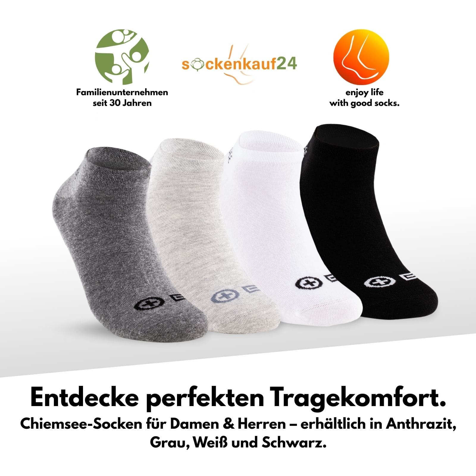 In der Mitte sieht man alle 4 Socken in Anthrazit, grau, weiß und schwarz. Unten ist Text und oben unsere Logo und Icon mit Socke und Slogan und Text. Alle Textinhalte sind in der Produktbeschreibung enthalten.