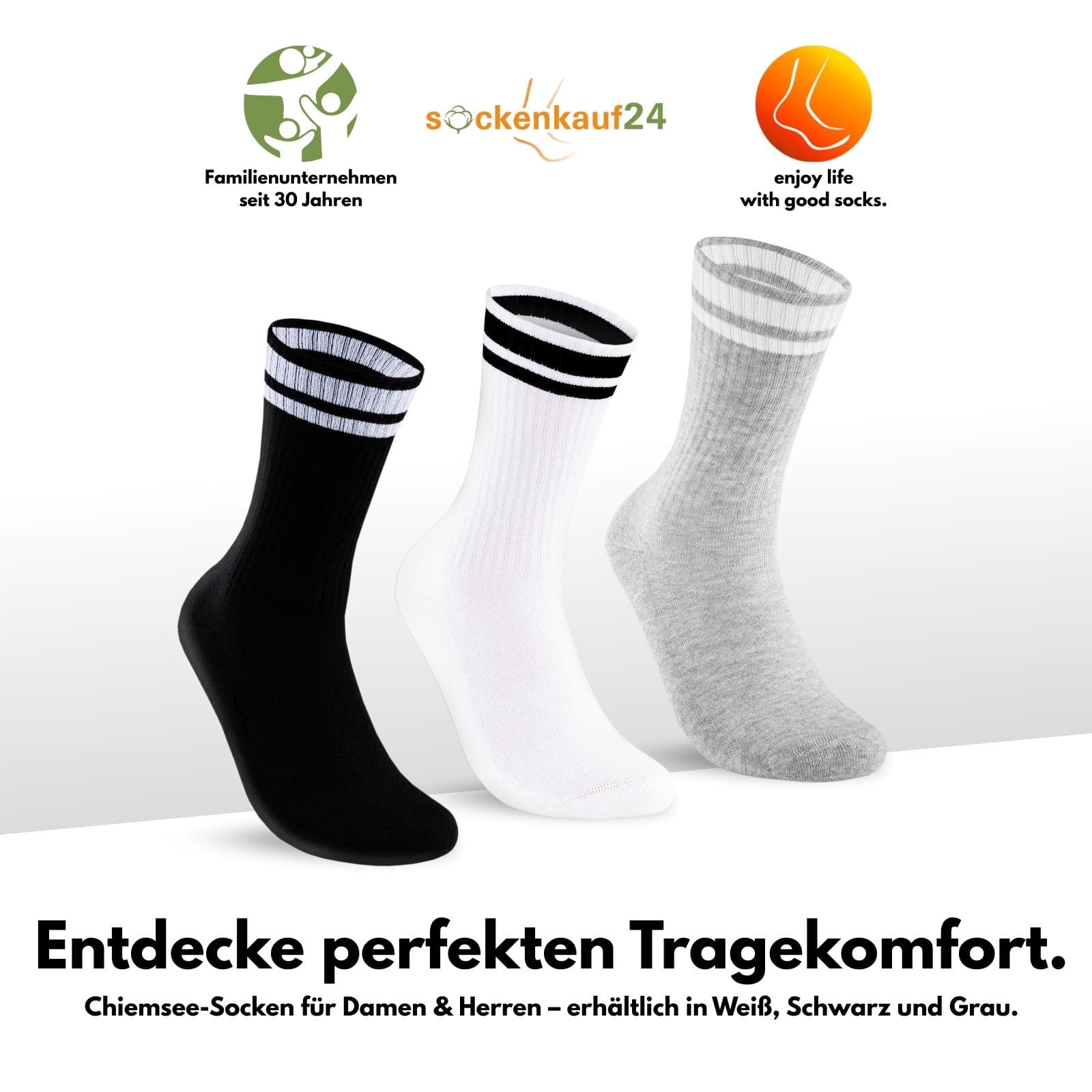In der Mitte sieht man alle 3 Socken in grau, weiß und schwarz. Unten ist Text und oben unsere Logo und Icon mit Socke und Slogan und Text. Alle Textinhalte sind in der Produktbeschreibung enthalten.