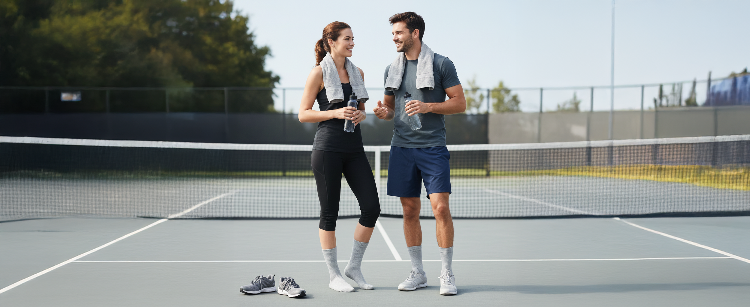 Eine Frau und ein Mann stehen mittig auf einem Tennisplatz. Sie tragen Sportsachen inklusive unserer grauen Tennissocken.