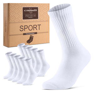 Produktbild mit plastikfreier Box, 10 weißen tennissocken und einer großen weißen Tennissocke