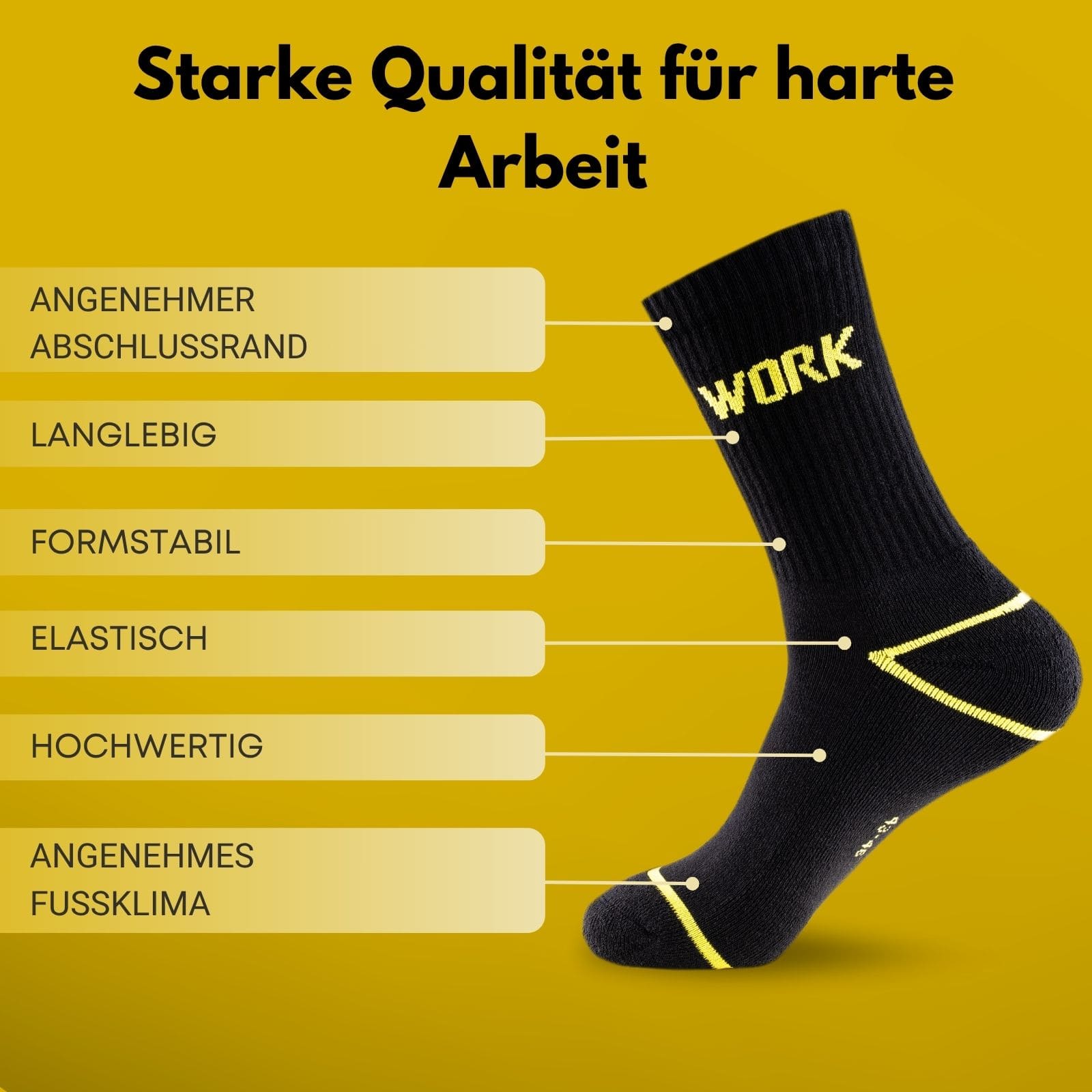 Überschrift: Starke Qualität für harte Arbeit. Gelber Hintergrund mit schwarzer sockenkauf24 Arbeitssocke mit Beschreibungen: angenehmer Abschlussrand, langlebig, formstabil, elastisch, hochwertig, angenehmes Fussklima. 
