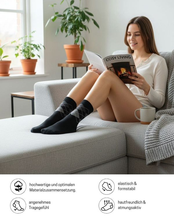 6 Paar Socken Kariert Herren Damen Karo Business-Socken Rautemmuster Baumwolle Komfortbund