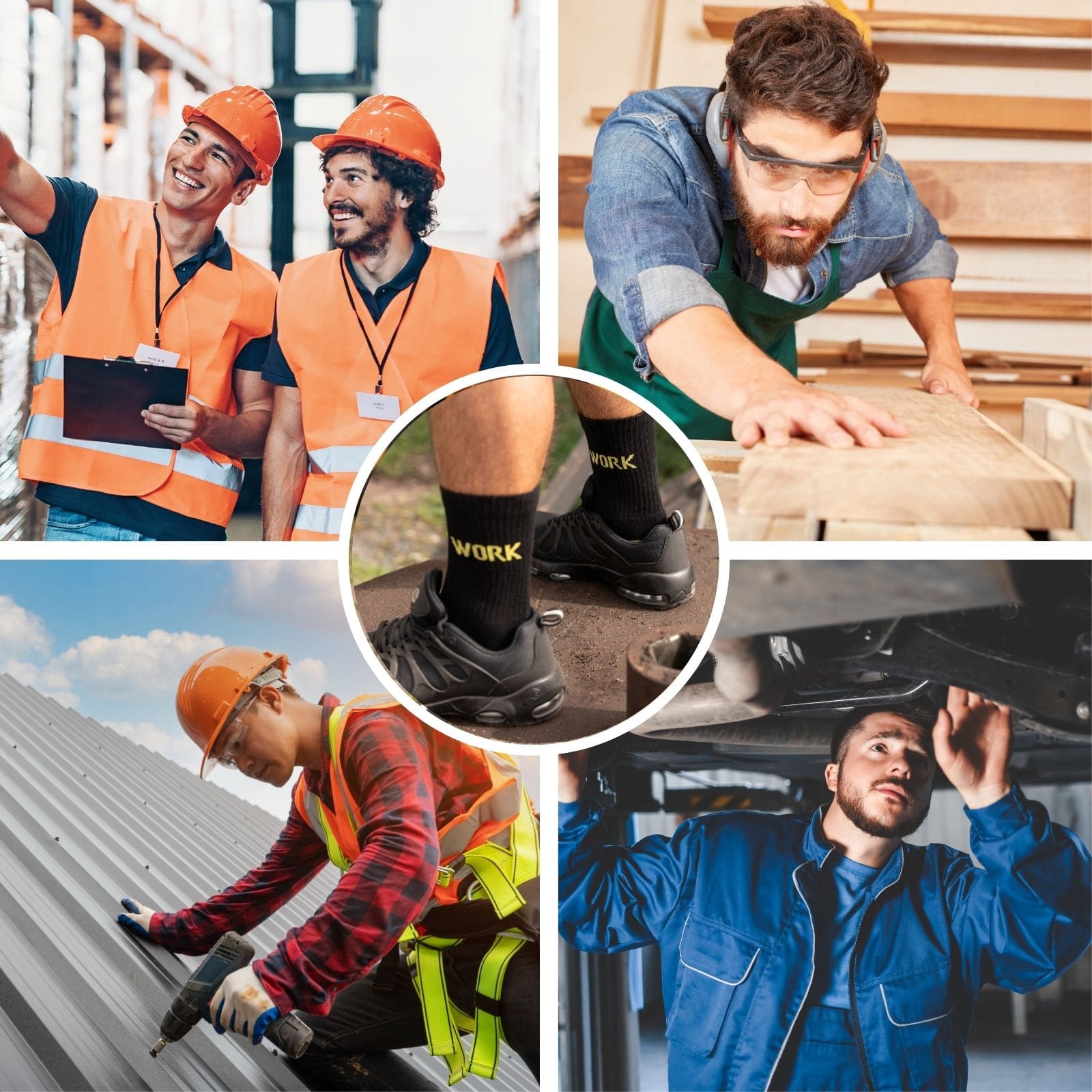 4 Bilder, die 4 Jobs zeigen: Bauarbeiter mit orangener Weste und Helm, Tischler, Dachdecker, Automechaniker unter einem Auto. In der Mit Kreisbild mit sockenkauf24 Arbeitssocken.