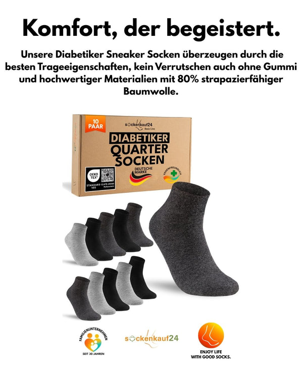10 Paar kurze Diabetikersocken für Herren & Damen ohne Gummibund & ohne Naht Quarter Diabetiker Socken Kurzschaft mit Komfortbund ohne Gummi