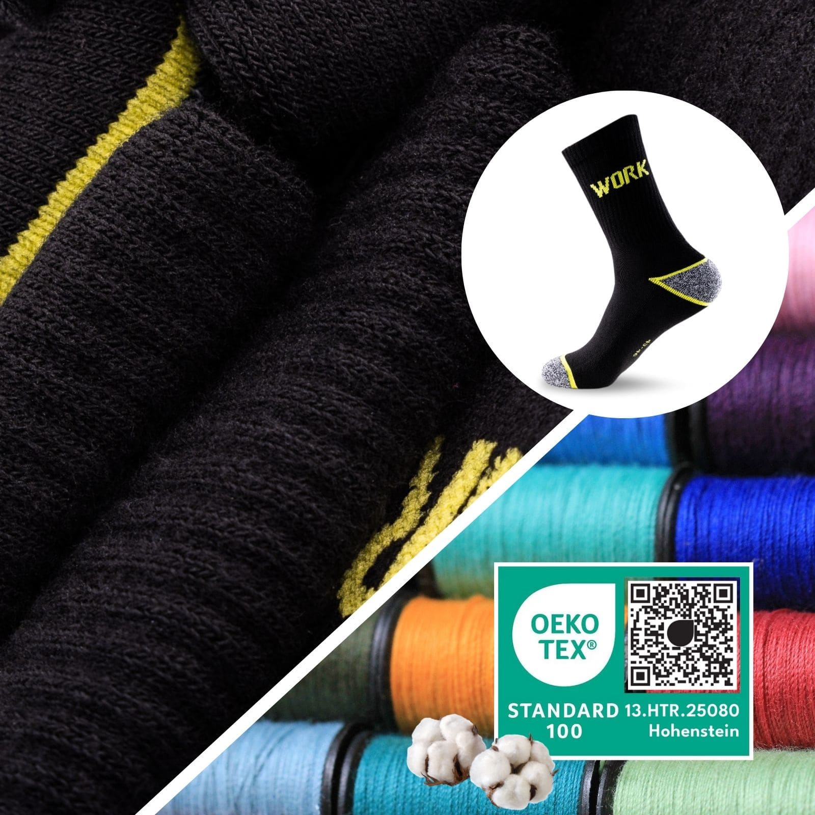 Nahaufnahme vom Stoff der sockenkauf24 Work Socken und im Kreis eine Arbeitssocke abgebildet mit OEKO TEX Siegel.