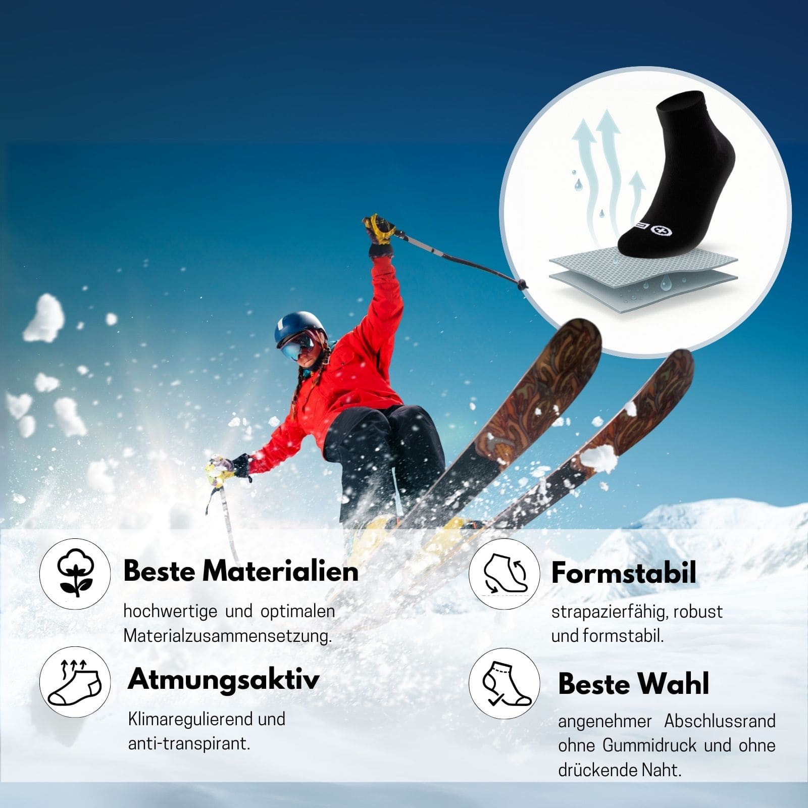 Im Bild ist mittig ein Skifahrer, darunter steht Text mit Socken.Icons und rechts in der Ecke ist eine schwarze uartersocke in einem Kreis abgebildet. Alle Textinhalte sind in der Produktbeschreibung enthalten.
