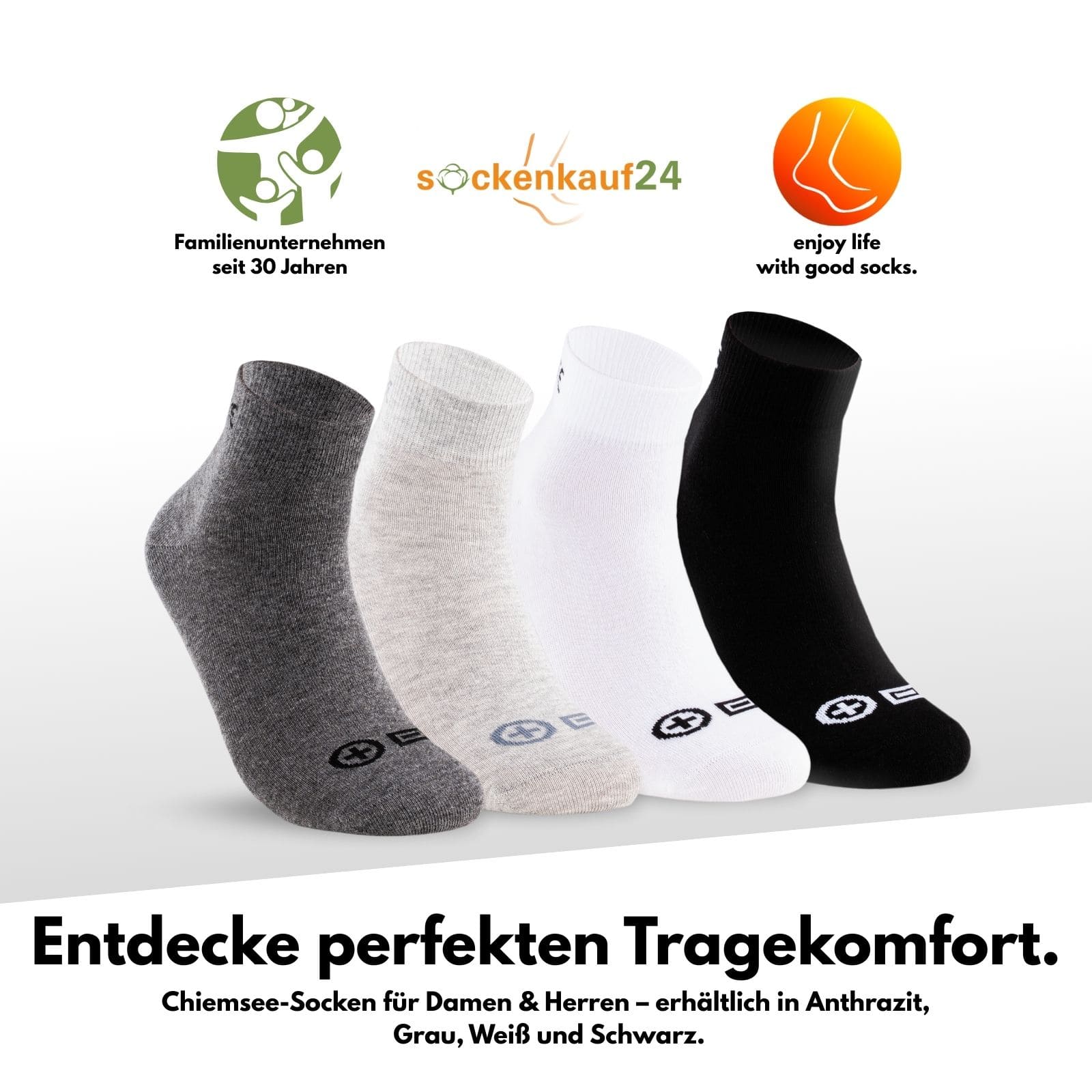 In der Mitte sieht man alle 4 Socken in Anthrazit, grau, weiß und schwarz. Unten ist Text und oben unsere Logo und Icon mit Socke und Slogan und Text. Alle Textinhalte sind in der Produktbeschreibung enthalten.