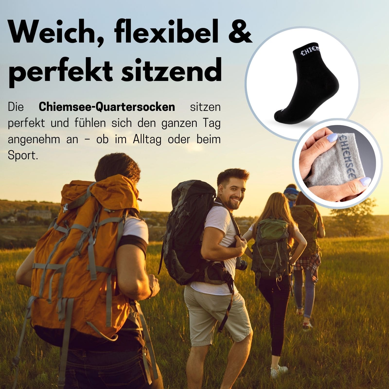 Im Bild laufen eine 5er Gruppe mit Rucksäcken, die wandern. Rechts in der Ecke sind zwei Kreise und darin sieht man im oberen Kreis eine schwarze Quartersocke und im unteren Kreis den Schaft einer grauen Socke. Links daneben steht Text. Alle Textinhalte sind in der Produktbeschreibung enthalten.