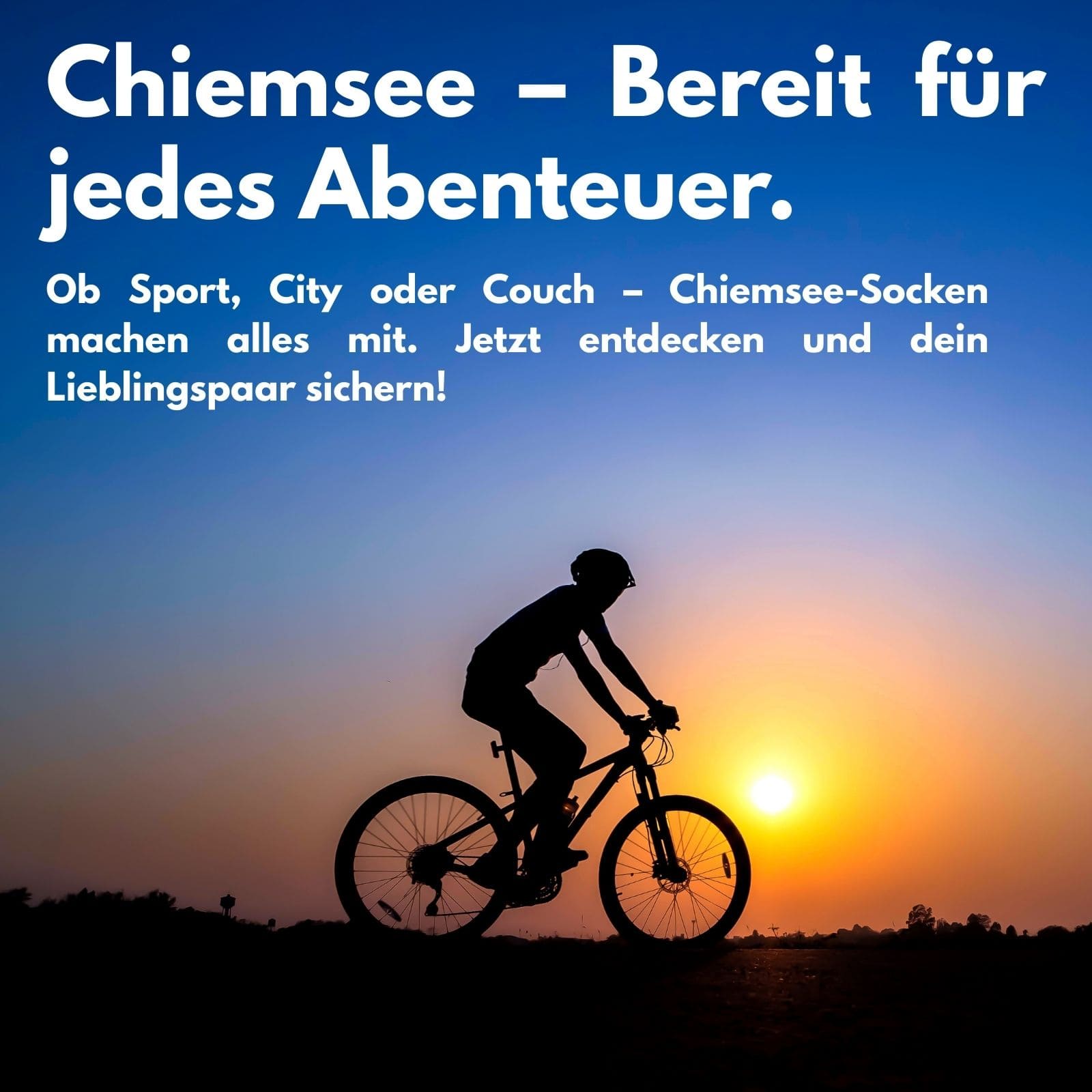 Bild bei Sonnenuntergang mit Fahrradfahrer im Vordergrund und darüber steht Text. Alle Textinhalte sind in der Produktbeschreibung enthalten.