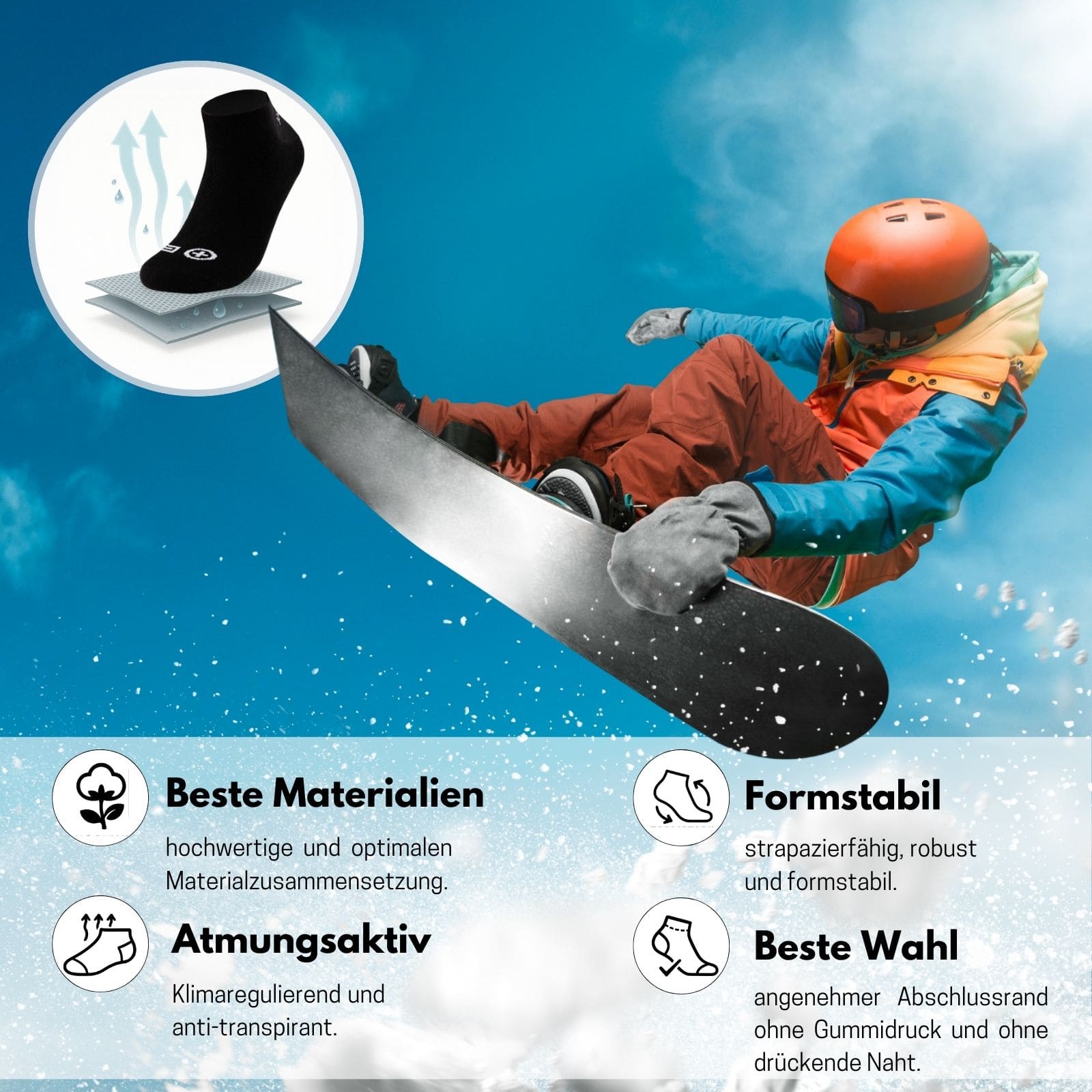 Unten Beschreibungstext mit Socken-Ikons, drüber springt ein Snowboarder und links daneben ist eine schwarze Sneakersocke abgebildet. Alle Textinhalte sind in der Produktbeschreibung enthalten.