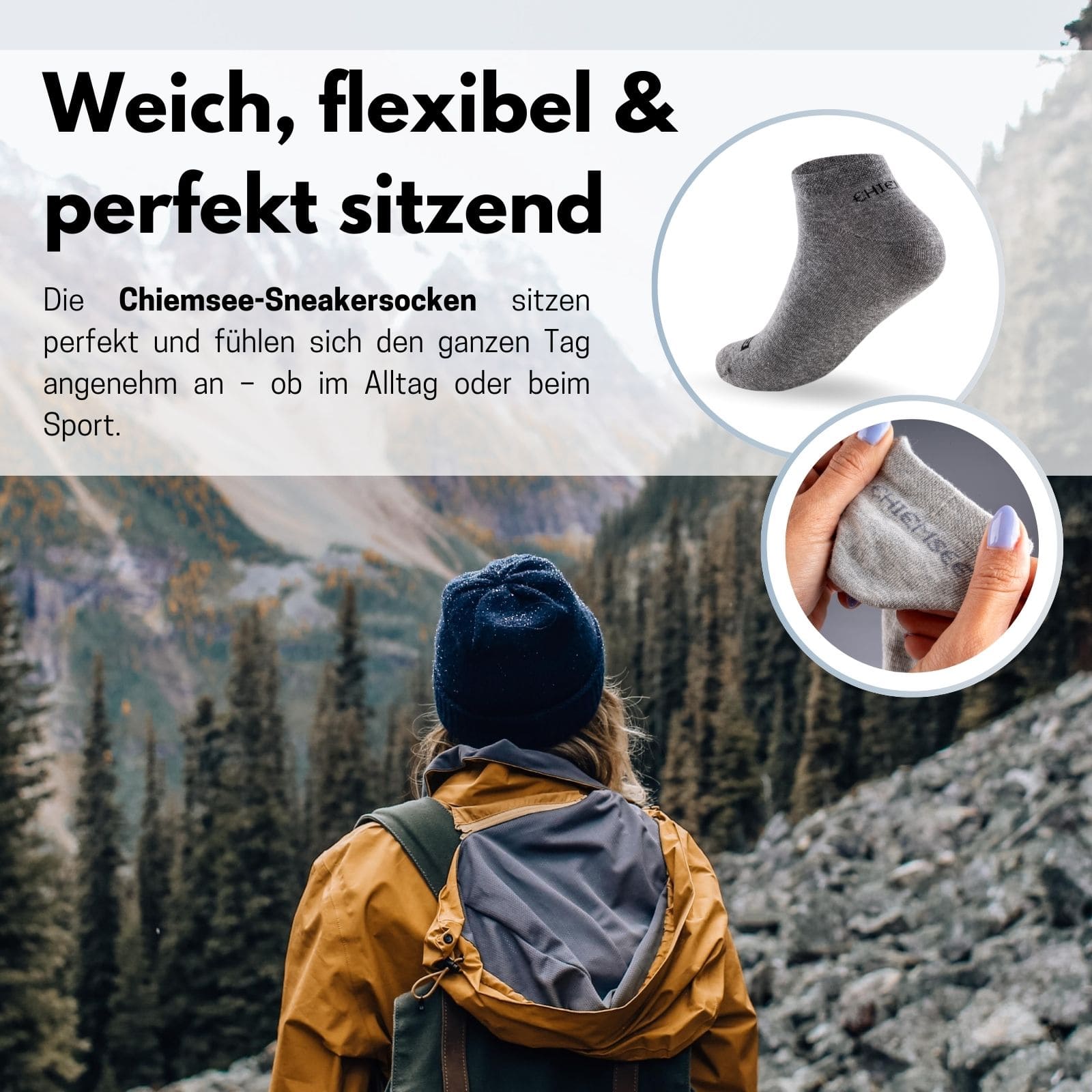 Unten steht eine Frau, die wandert, rechts sind zwei Kreise mit jeweils einer abgebildeten grauen Socke und links daneben steht Text. Alle Textinhalte sind in der Produktbeschreibung enthalten.