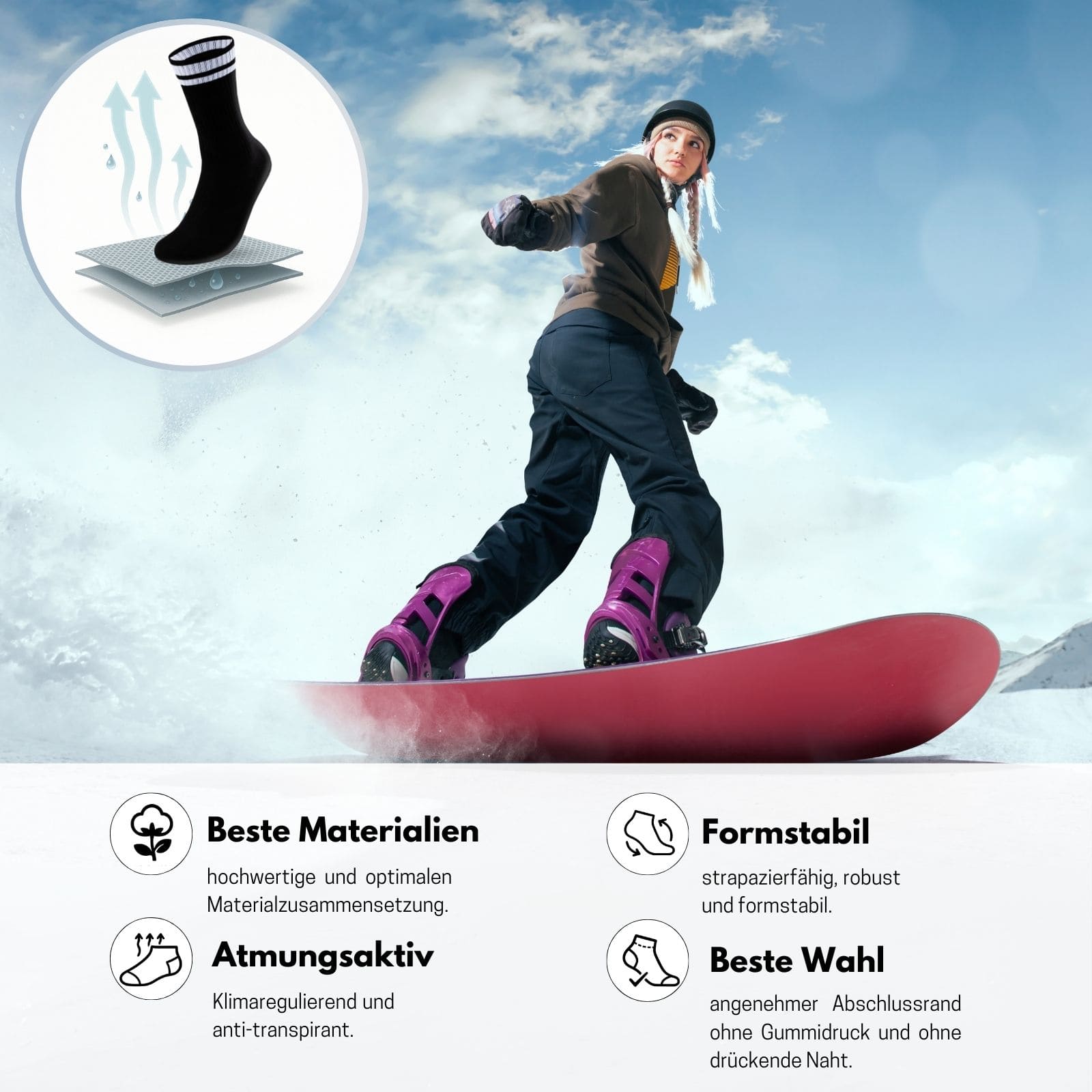 Im Bild ist eine Snowboarderin, unter ihr steht Text mit passenden Icons und oben links ist ein Kreis in dem eine schwarze Tennissocke abgebildet ist. Alle Textinhalte sind in der Produktbeschreibung enthalten.