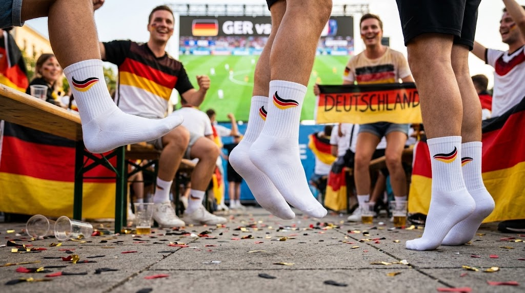 Im Vordergrund sieht man Beine mit Tennissocken mit Deutschlandflagge auf dem Schaft. Im Hintergrund jubelnde Fans beim Public Viewing.