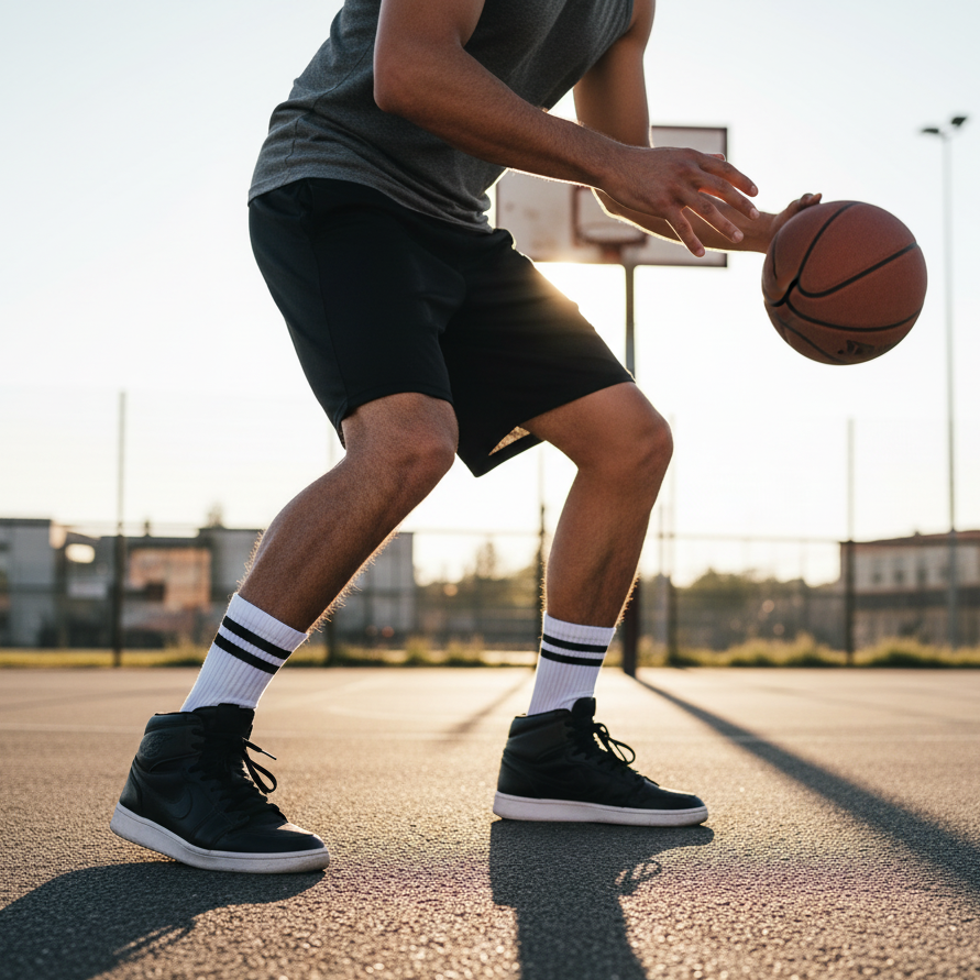 Basketballspieler beim Dribbeln auf einem Outdoor-Platz bei Sonnenuntergang mit weißen Tennissocken und schwarzen Streifen.