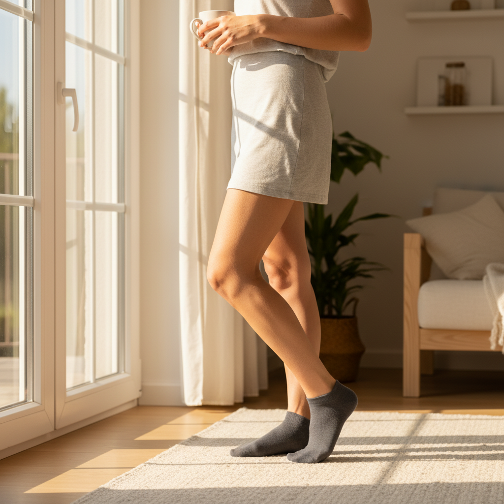 Frau in grauen Sneaker-Socken steht mit einer Tasse in der Hand am Fenster in einem hellen Wohnraum.