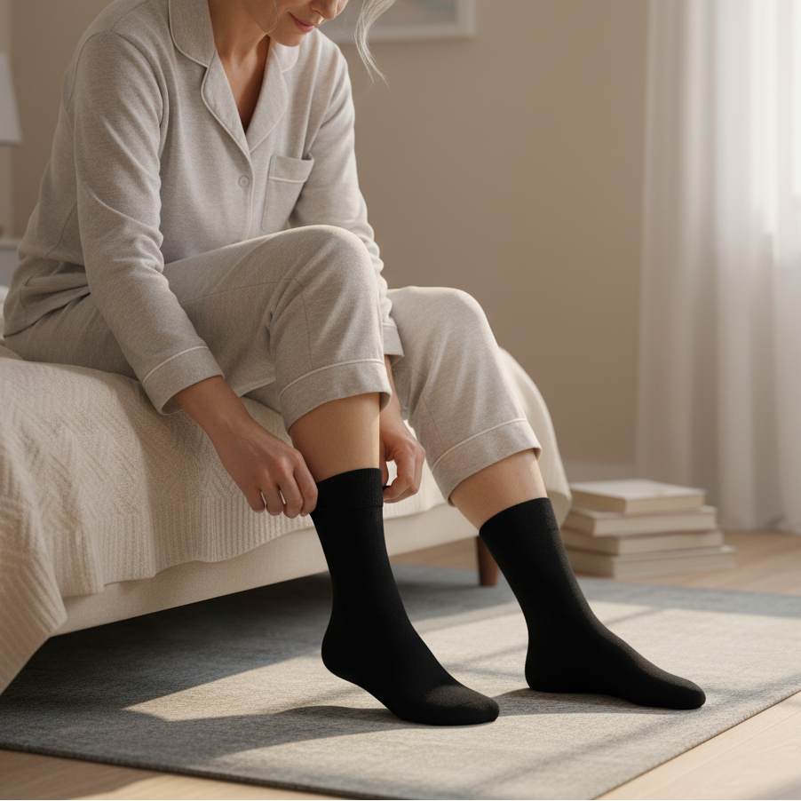 Frau zieht schwarze Diabetikersocken mit bequemem Abschlussbund in einem hellen Schlafzimmer an.